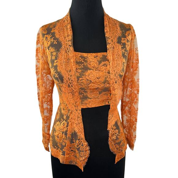 Unbranded Tops - VINTAGE Orange Sheer Lace Scalloped Edge Long Sleeve Bandeau w/ Attached Jacket